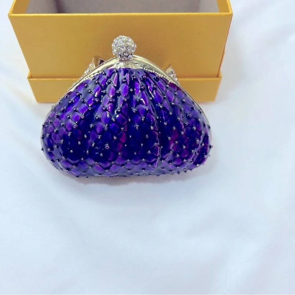 Purple Crystal Bow Minaudiere Evening Clutch Bag Gold Tone Rhinestone Hard Shell